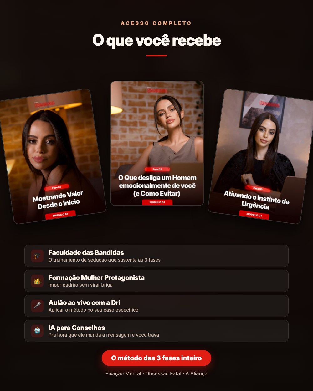 O que você recebe: as 3 fases, Faculdade das Bandidas, Mulher Protagonista, aulão e IA